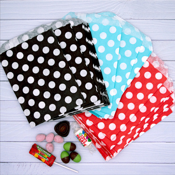 5x7in Coloured Polka Dot Paper Bags from stock at Midpac Packaging. Coloured Polka Dot pattern printed to both sides of the bag